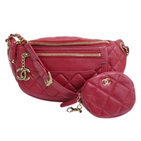 紅色 菱格紋 牛皮 腰包 無卡