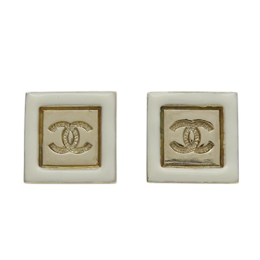 白色琺瑯 金屬 方形 CC 耳環【CHANEL 香奈兒】
