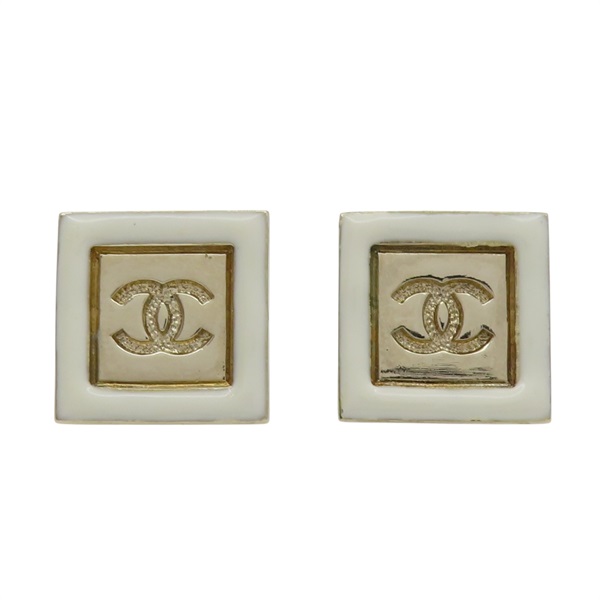 白色琺瑯 金屬 方形 CC 耳環【CHANEL 香奈兒】