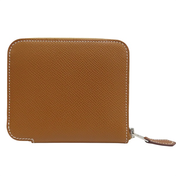 棕色 Epsom牛皮 絲巾 拉鍊 Silk'In Compact 短夾 W刻 銀扣