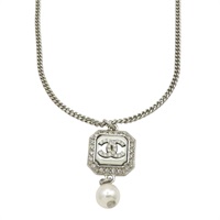 銀色漆面 方塊水鑽 雙C項鍊【CHANEL 香奈兒】