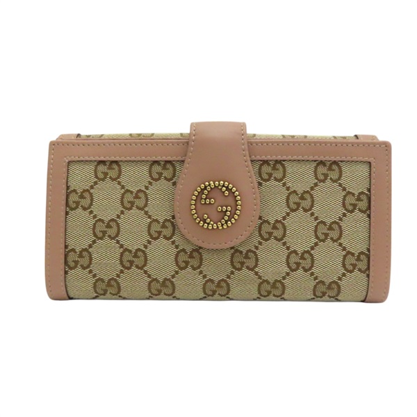 棕色 GG 帆布 粉色牛皮 扣式長夾 269970