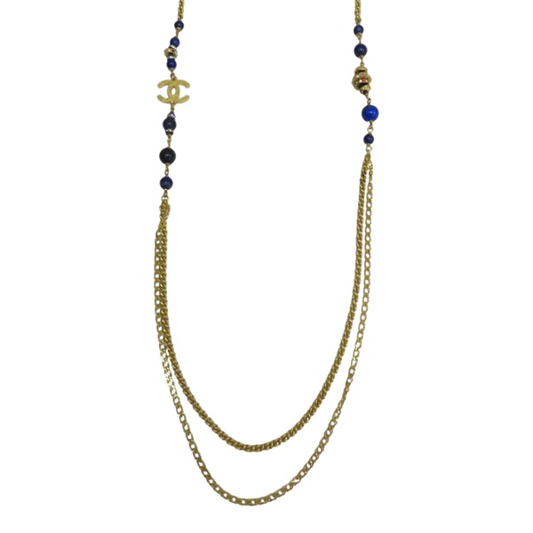金色金屬 藍色圓珠 長項鍊【CHANEL 香奈兒】