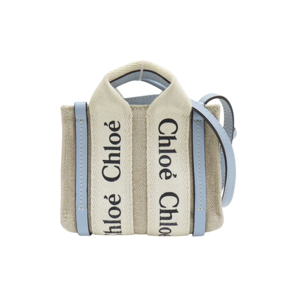 米色 藍色 帆布 Mini Woody 斜背包【Chloe 克羅伊】