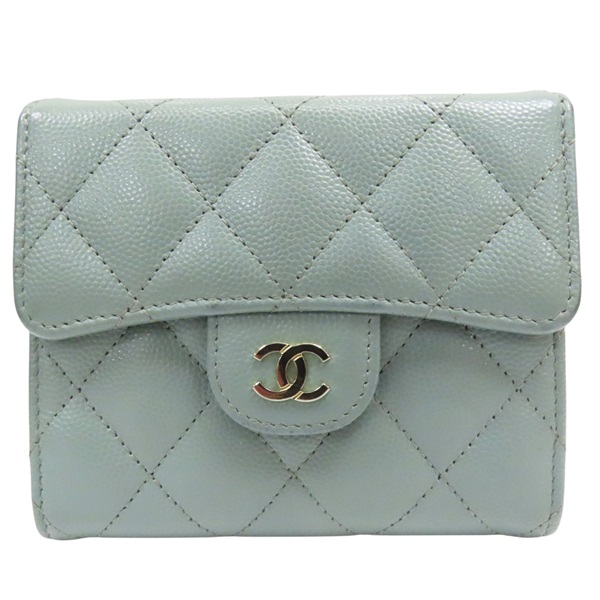 淺綠 牛皮 菱格紋 荔枝紋 扣式短夾 銀扣【CHANEL 香奈兒】 AP0231