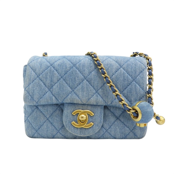藍色單寧布 Mini Pearl Crush 金球 鍊帶肩背包【CHANEL 香奈兒】