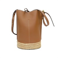 棕色牛皮 草編 酒紅色帆布 Mermaid Gate Bucket 水桶包 肩背包