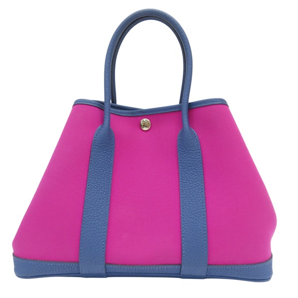 萊頓藍Negonda牛皮拼玉蘭粉帆布 Garden Party 30 手提包 C刻【HERMES 愛馬仕】