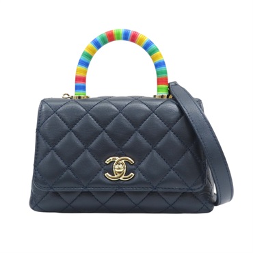 藍色 菱格紋 皮革 Coco Handle 兩用包 金扣【CHANEL 香奈兒】 AS2215