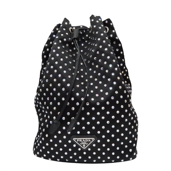 黑色 亮鑽 尼龍帆布 水桶 收納包【PRADA 普拉達】 無背帶