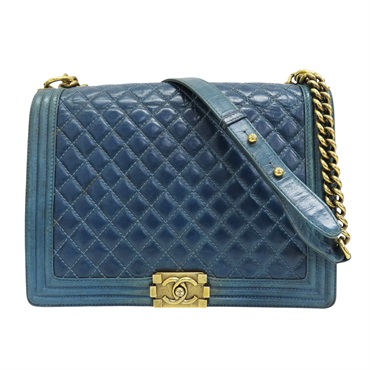藍色 牛皮 BOY 30cm 鍊帶 肩背包 金扣 無卡【CHANEL 香奈兒】