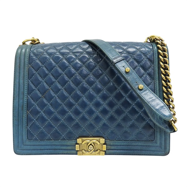 藍色 牛皮 BOY 30cm 鍊帶 肩背包 金扣 無卡【CHANEL 香奈兒】