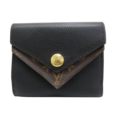 黑色牛皮 棕色原花 帆布 Double V 扣式短夾 (有燙字)【LOUIS VUITTON LV 路易威登】 M64420