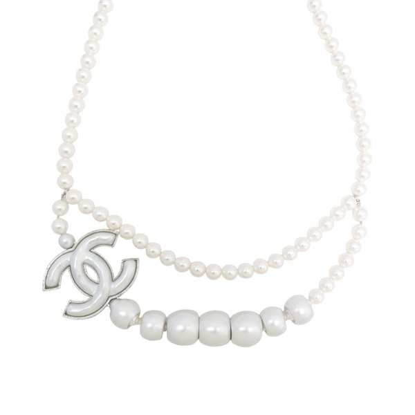 銀色鍍金 白色珍珠 CC 項鍊【CHANEL 香奈兒】