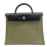 黑色 Vache Hunter牛皮 綠色帆布 Herbag 31 兩用包 Z刻【HERMES 愛馬仕】