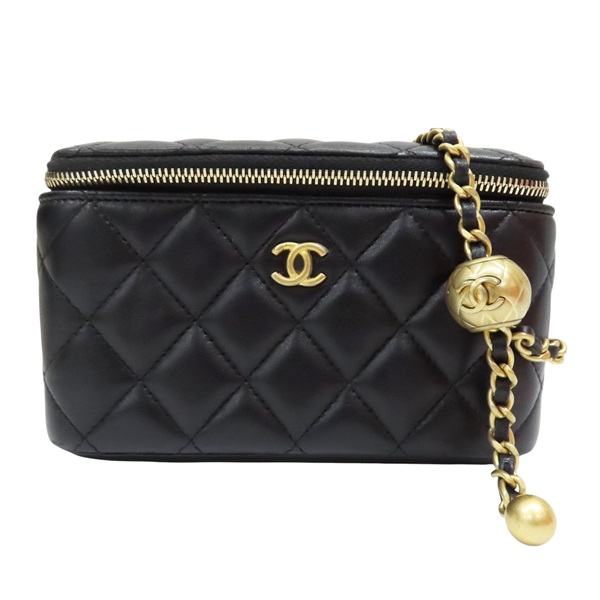 黑色 羊皮 菱格紋 Pearl Crush Vanity Case 肩背包 金釦 (無卡)【CHANEL 香奈兒】
