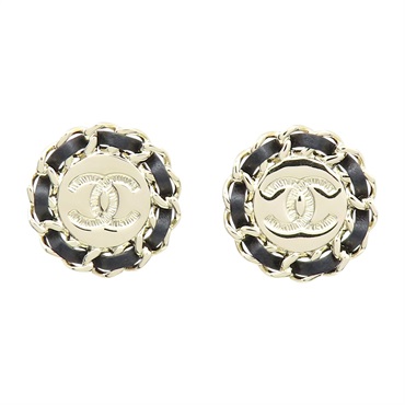 金色鍍金 黑色牛皮 CC圓牌 耳環【CHANEL 香奈兒】 ABE862