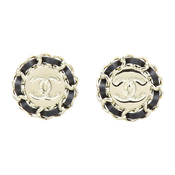 金色鍍金 黑色牛皮 CC圓牌 耳環【CHANEL 香奈兒】 ABE862