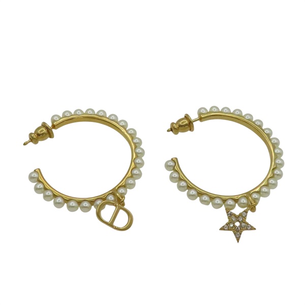 金色金屬 白色排珠 耳環【Dior 迪奧】