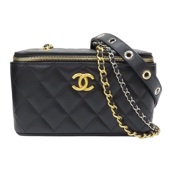 黑色 菱格紋 羊皮 Vanity 鍊帶 化妝箱 肩背包 (無卡)【CHANEL 香奈兒】