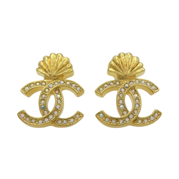 金色金屬 貝殼 雙C 水晶 耳環【CHANEL 香奈兒】