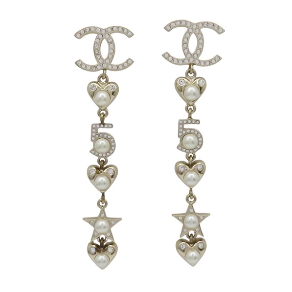 金色金屬 雙C NO.5 長墜飾 耳環【CHANEL 香奈兒】