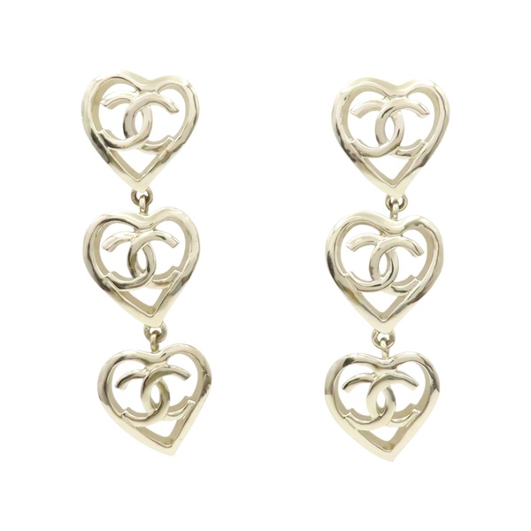 淺金色鍍金 愛心長串 CC 針式耳環【CHANEL 香奈兒】 AB7891
