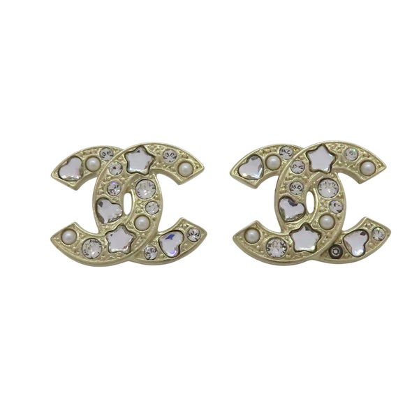 金色金屬 白色圓珠 水晶 雙C 耳環【CHANEL 香奈兒】 ABF560