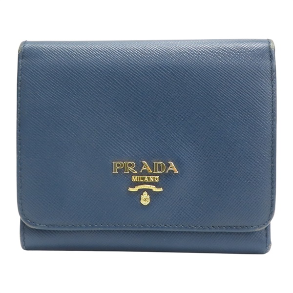 藍色 牛皮 金扣 三折短夾 1MH176【PRADA 普拉達】 1MH176
