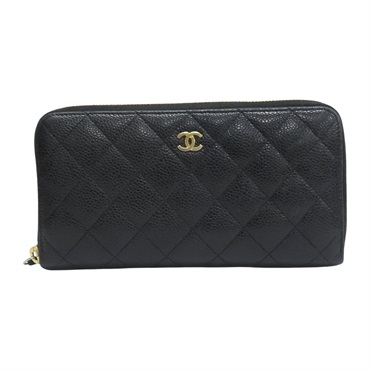 黑色 荔枝紋牛皮 拉鍊長夾【CHANEL 香奈兒】 A50097