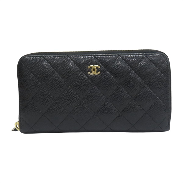黑色 荔枝紋牛皮 拉鍊長夾【CHANEL 香奈兒】 A50097