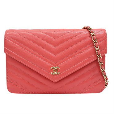 粉橘色 牛皮 V-Stitch WOC 鏈帶肩背包 金釦【CHANEL 香奈兒】