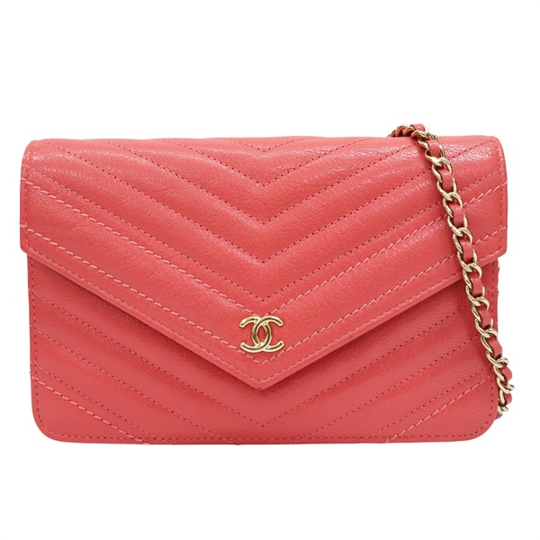 粉橘色 牛皮 V-Stitch WOC 鏈帶肩背包 金釦【CHANEL 香奈兒】