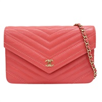 粉橘色 牛皮 V-Stitch WOC 鏈帶肩背包 金釦【CHANEL 香奈兒】