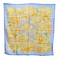 藍/黃色 絲綢 Les Pivoines 方巾 90x90【HERMES 愛馬仕】