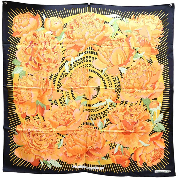 黑色 Les Pivoines 絲綢 絲巾 90x90【HERMES 愛馬仕】