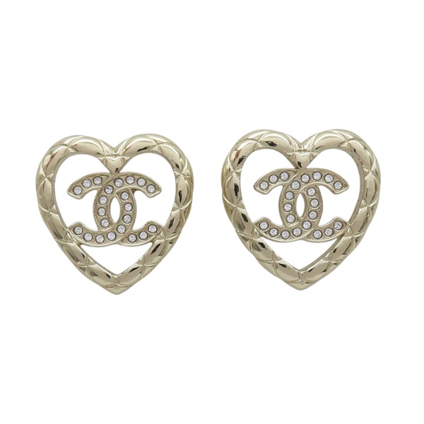 銀色金屬 愛心 雙C水晶 耳環【CHANEL 香奈兒】 ABG044