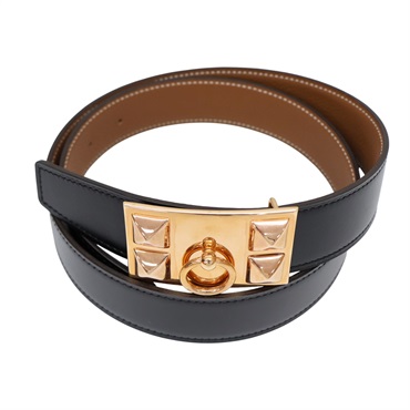 黑色 金棕色 Taurillon / Swift 牛皮 Collier de Chien 皮帶 80cm A刻【HERMES 愛馬仕】