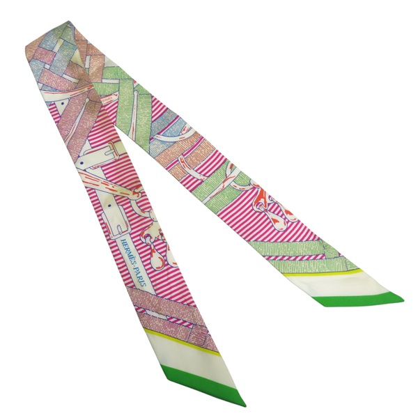 綠/粉色 絲綢 絲巾 Twilly【HERMES 愛馬仕】