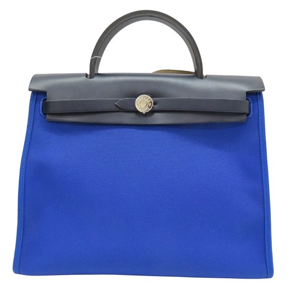 電光藍帆布 棕色牛皮 Herbag Zip 31 肩背包 C刻 (無鎖頭)【HERMES 愛馬仕】