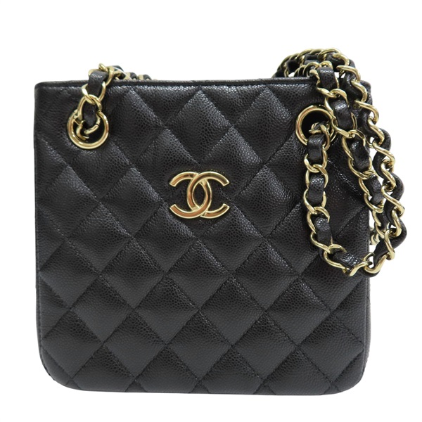 黑色 菱格紋 荔枝紋 牛皮 鏈帶肩背包 (金釦)【CHANEL 香奈兒】 AS3176