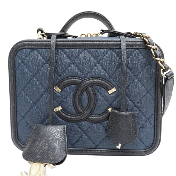 藍色 菱格紋 荔枝牛皮 CC Filigree Vanity Case 鏈帶肩背包 無卡【CHANEL 香奈兒】 A93343