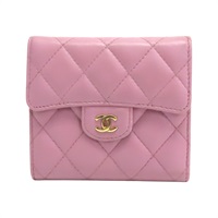 粉紫色 菱格紋 羊皮 金扣短夾【CHANEL 香奈兒】
