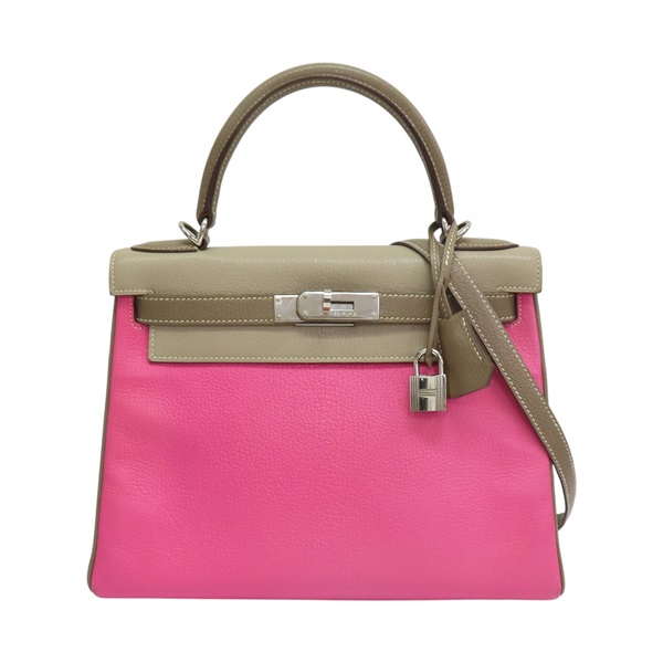 粉色/大象灰 Chevre 山羊皮 Kelly 28 凱莉包 两用包 □N刻 銀扣【HERMES 愛馬仕】