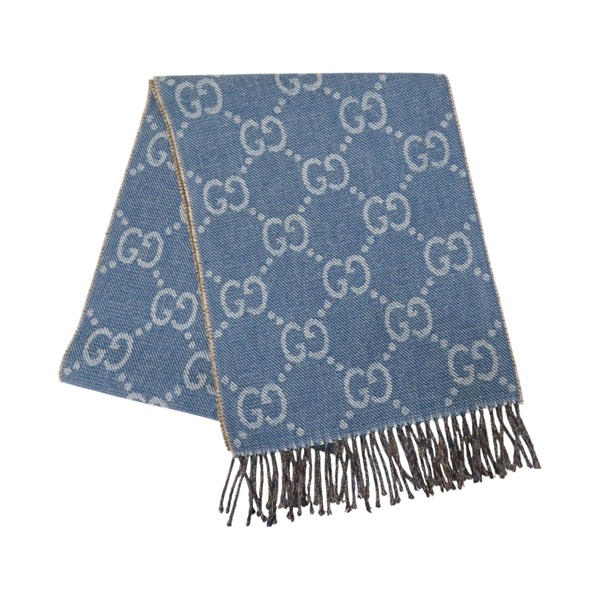 藍/棕色 羊絨 GG 圍巾【GUCCI 古馳】