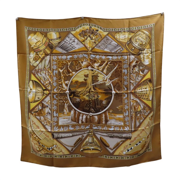 棕色 絲綢 Au son du Tam tam 方巾 90x90【HERMES 愛馬仕】