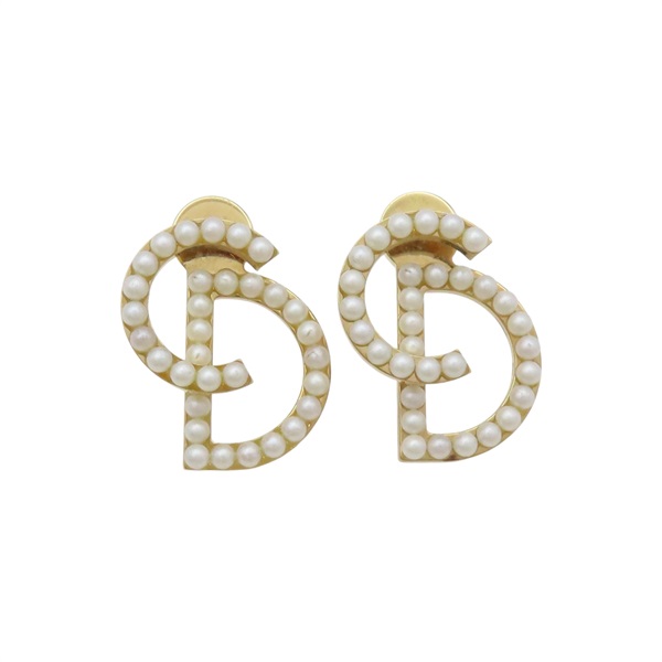金色 金屬 珍珠 針式耳環【Dior 迪奧】