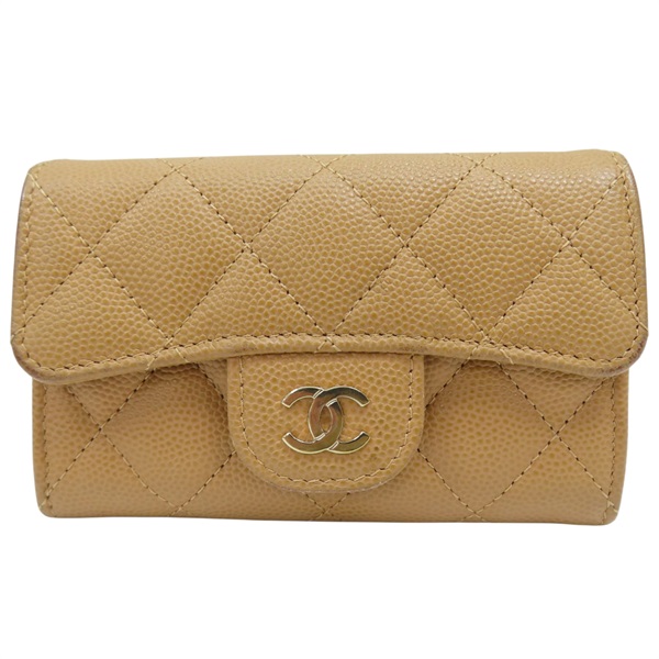 卡其色 菱格紋 荔枝牛皮 扣式卡夾 金釦【CHANEL 香奈兒】 AP0214