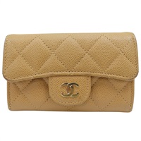 卡其色 菱格紋 荔枝牛皮 扣式卡夾 金釦【CHANEL 香奈兒】 AP0214