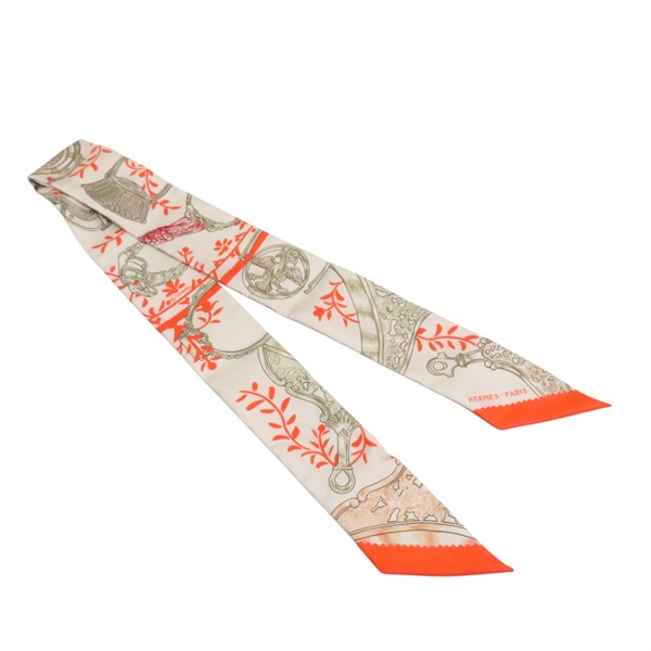 奶茶色/橘色 絲綢 Twilly 絲巾【HERMES 愛馬仕】 H063502S